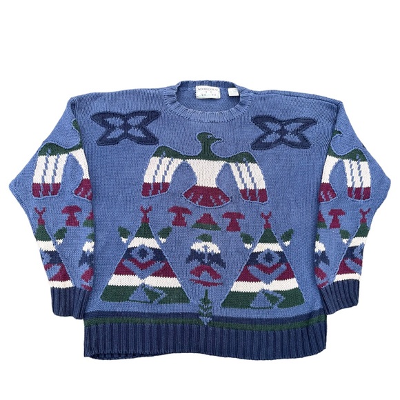 Vintage Southwestern Thunderbird Woods & Gray Chunky Knit Sweater Size Large